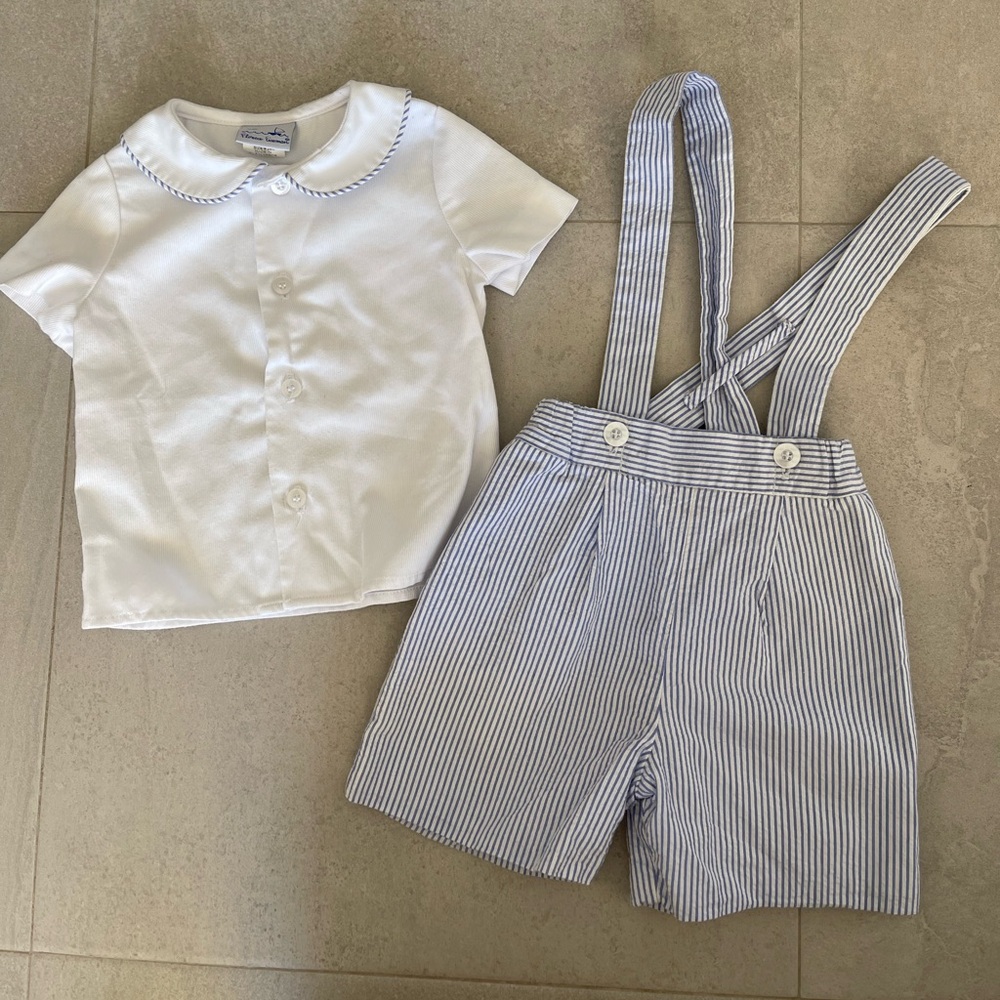 Florence Eisemen White Shirt and Striped Suspender Shorts Set